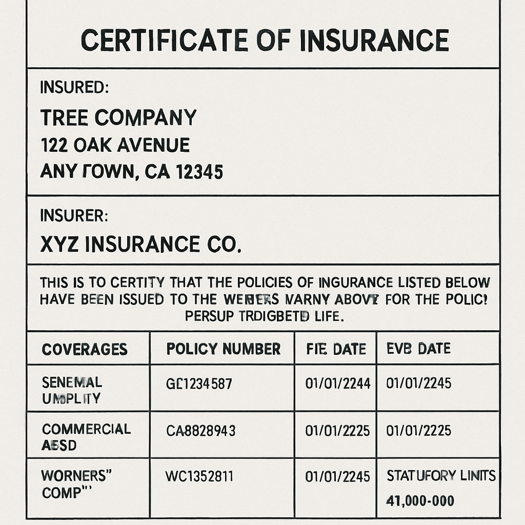 Sample certificate of insurance for a tree service company showing coverage types and policy details