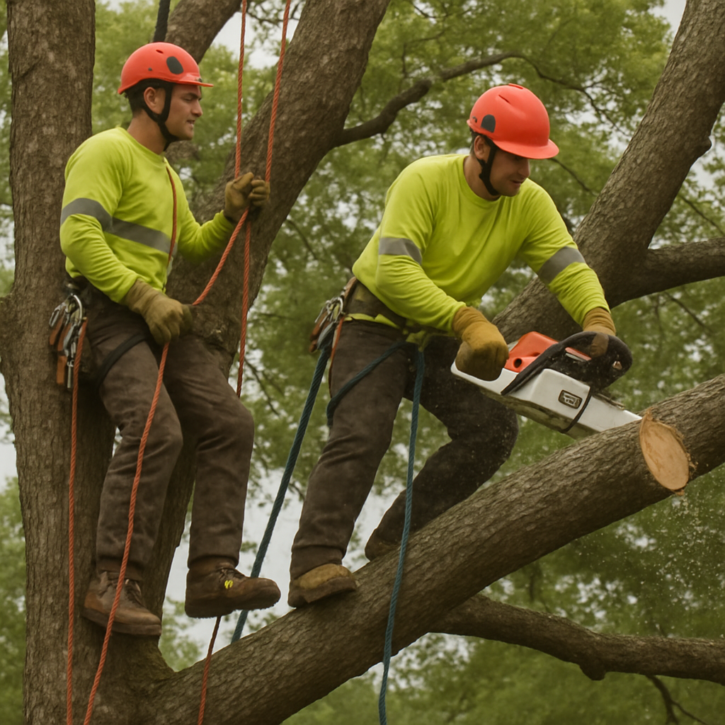 Insured tree service crew working safely high in a tree with proper safety gear